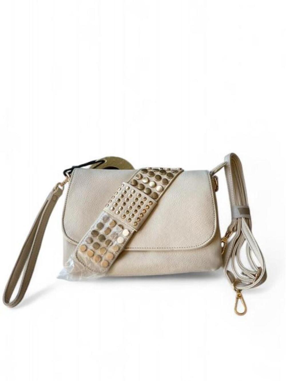 Cream Crossbody Bag with Studded Detail and Removable Strap